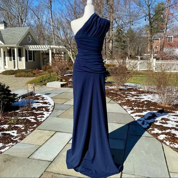 NWT BHLDN Tadashi Shoji Quinn Maxi One Shoulder Dress Wedding Formal Navy Med - Picture 8 of 15